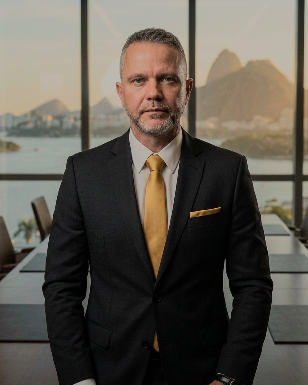 Yuri Santos Ckless, advogado responsável pela CKLESS Advocacia, em sala de reunião com vista para a Baía de Guanabara, Rio de Janeiro